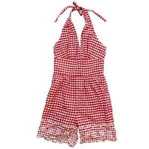 GINGHAM BETTIE PAGE BY TATYANA ROMPER PLAYSUIT RED WHITE PIN UP HALTER ❤️🍒